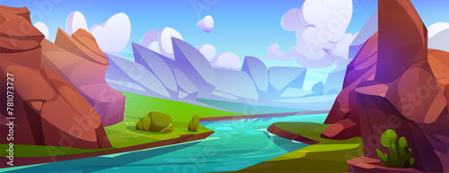 River flowing in rocky canyon valley. Vector cartoon illustration of stream with clear water, green bushes and grass, big brown stones under blue sunny sky with white fluffy clouds, game background
