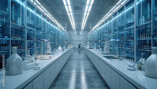 a long hallway in a laboratory filled with lots of bottles and beakers