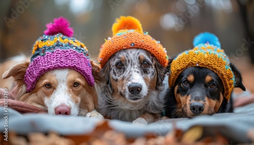 Three toy dogs in knitted caps lie together, showcasing their cute snouts photo