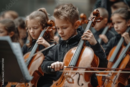 Kids playing cello in a string orchestra, creating beautiful classical music