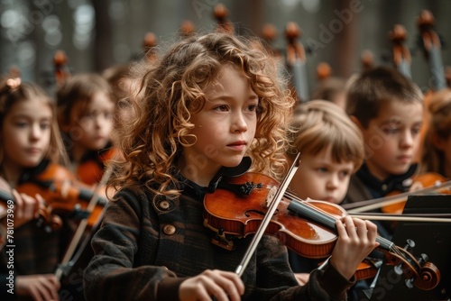 A young musician plays a violin in an orchestra, performing classical music