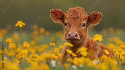  A tight shot of a cow in a flower-filled meadow, with a softly blurred backdrop of green grass and sunlit yellow blooms
