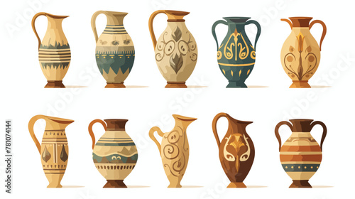 Flat vector set of various amphoras. Ancient Greek