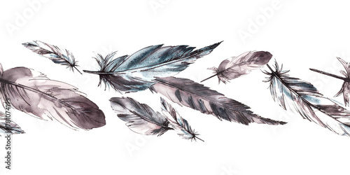 Watercolor feathers, monochrome bird wings grey black color with graphic ink line seamless border, pattern Quills clipart drawing illustration Wrapping, fabric, packing print Isolated white background photo