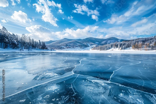 A Pristine Frozen Lake Offers a Crystal-Clear View of Snowy Mountains Under a Radiant Blue Sky, Generative AI