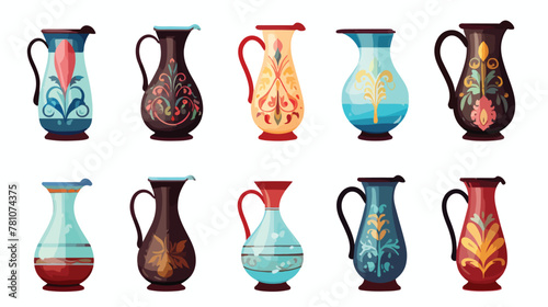 Flat vector set of various jugs. Glass pitcher for