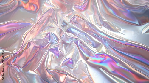 Abstract background crumpled silver plastic with iridescent light reflection. Abstract texture background.