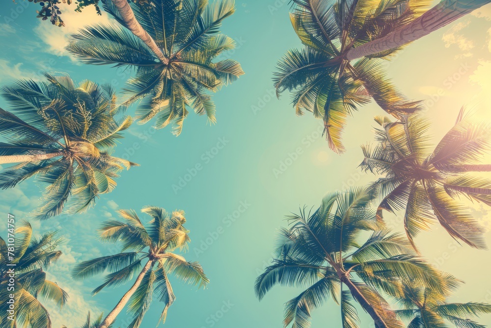 A Tranquil Gaze Upwards at Palm Trees Soaring Against a Perfectly Clear Blue Sky, Invoking Tropical Serenity, Generative AI