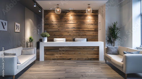A stylish office reception area with contemporary furniture and minimalist decor.
