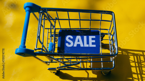 A shopping cart with the word Sale written on it. The cart is on a yellow surface. Concept of shopping and bargain hunting