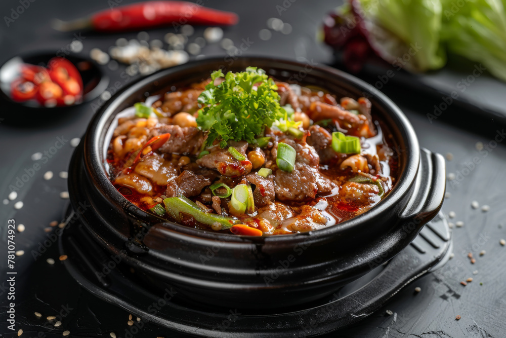 Top view Asian food with spice and herbs gourmet in black plate on dark stone marble table background.