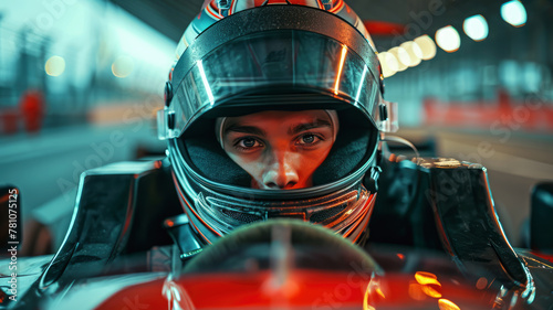 Formula 1 driver close-up portrait wearing a racer helmet.