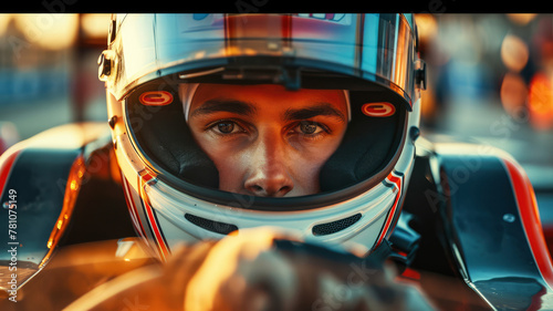 Formula 1 driver close-up portrait wearing a racer helmet.