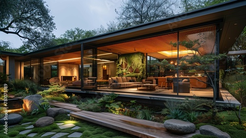 Modern House with Glass Walls Surrounded by Lush Garden at Dusk