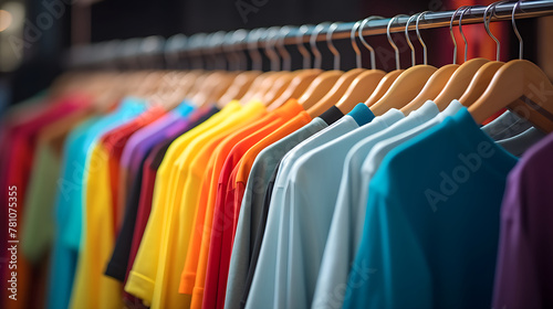 Close up of colorful t-shirts on hangers.