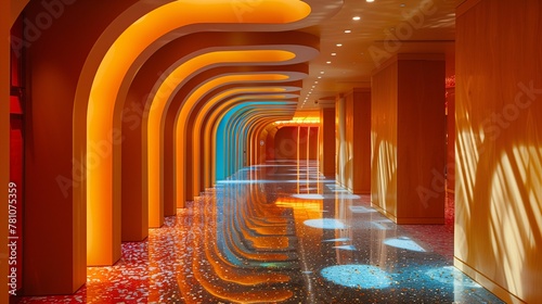 Colorful Illuminated Arched Hallway Interior