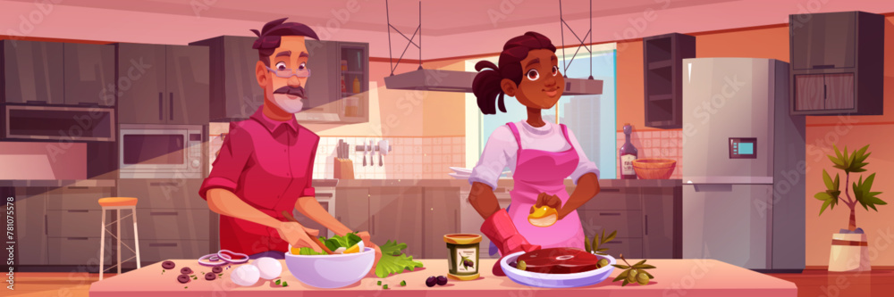 Man and woman cooking in kitchen. Vector cartoon illustration of male and female characters learning to make fresh vegetable salad and delicious beef steak, healthy meal for dinner at home, hobby blog - obrazy, fototapety, plakaty 