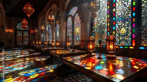 Ornate Lanterns and Colorful Stained Glass Windows in Traditional Interior