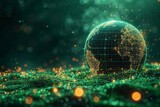 Digital art portraying a glowing wireframe globe amidst a glittering stardust field, evoking a high-tech atmosphere