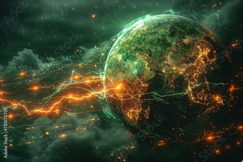 A digitally composed image showing Earth with glowing network connections representing globalization and communication