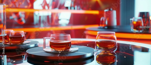 A boutique digital hub where patrons enjoy tea infused with unique molecules, viewed from the cockpit of virtual reality experiences , minimalist, close-up, 8K