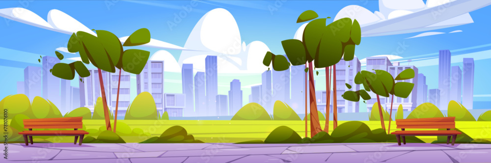 Fototapeta premium Summer park against cityscape background. Vector cartoon illustration of wooden benches along road, tall trees, green bushes and lawn, silhouettes of modern skyscrapers on horizon, blue sunny sky