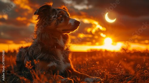 an Australian Shepard with markings inspired by a solar eclipse