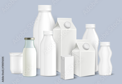 Milk cardboard package, glass or plastic bottles realistic mockup set