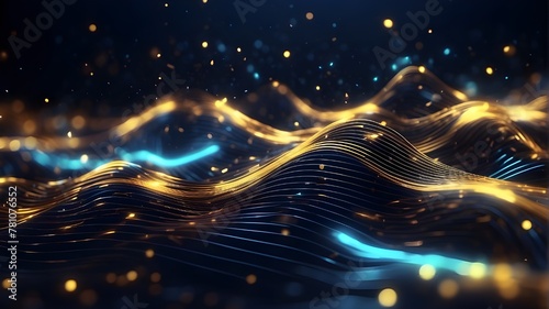 Blue light effect on an abstract metal technology background  Abstract futuristic background with bokeh lights and neon wave lines moving at a high speed in blue and gold. sound waves visualized. 