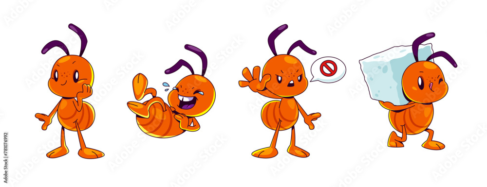 Ant characters set isolated on white background. Vector cartoon illustration of cute brown bugs smiling, laughing to tears, showing stop sign, warning symbol in speech bubble, carrying sugar on back - obrazy, fototapety, plakaty 