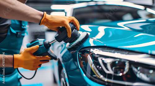 Professional detailing a car in car studio, hands with orbital polisher, scratching remover, Blue car