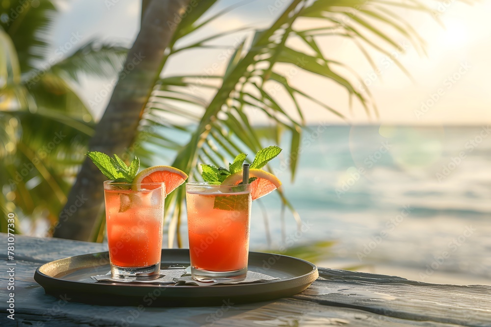 summer time, summer refreshing cocktails on a tray against the backdrop of a beautiful ocean shore with palm trees with copy space summer time, summer refreshing cocktails on a tray against the backdrop of a beautiful ocean shore with palm trees with copy space