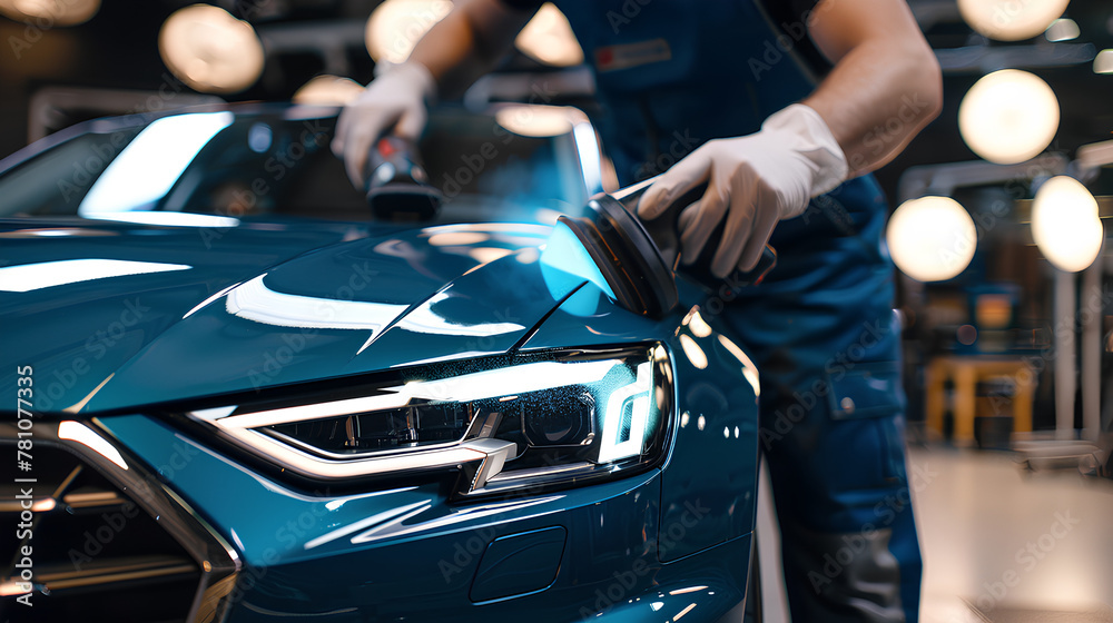 Professional detailing a car in car studio, hands with orbital polisher, scratching remover, Blue car Professional detailing a car in car studio, hands with orbital polisher, scratching remover, Blue car