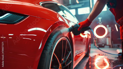 Professional detailing a car in car studio, hands with orbital polisher, scratching remover, Red car photo