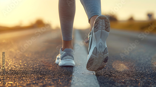 Lower legs of woman to jog, clad in gray athletic shoes on asphalt road. Road stripes lead towards bright hazy horizon photo