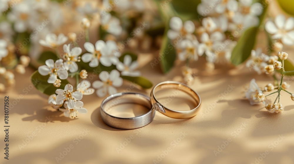 Two wedding rings on a table with flowers Two wedding rings on a table with flowers