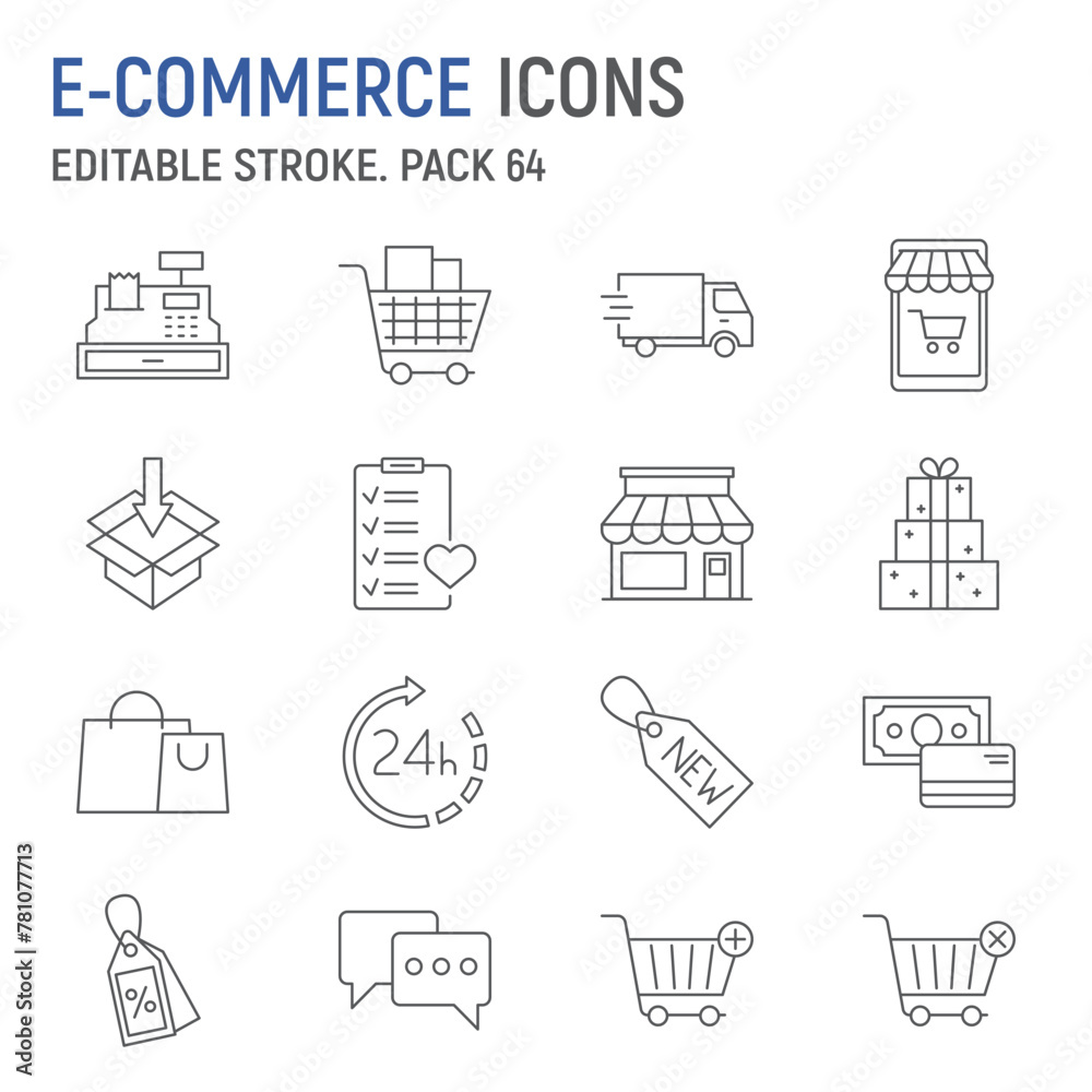E-commerce line icon set, online shopping collection, vector graphics, logo illustrations, marketing vector icons, commerce signs, outline pictograms, editable stroke E-commerce line icon set, online shopping collection, vector graphics, logo illustrations, marketing vector icons, commerce signs, outline pictograms, editable stroke