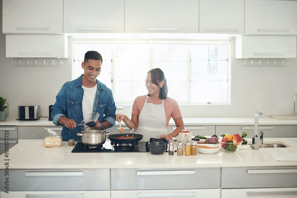 Lunch, cooking and couple at kitchen counter together with healthy food, relationship and bonding in home. Help, happy man and woman in apartment with nutrition, smile and diet meal prep with love