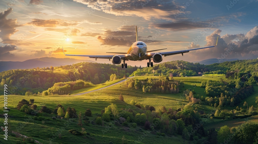 This majestic image portrays a commercial airplane approaching for a landing with a backdrop of serene countryside hills at sunset This majestic image portrays a commercial airplane approaching for a landing with a backdrop of serene countryside hills at sunset