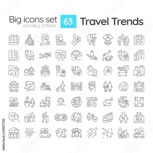 Travel trends linear icons set. Global travel. Responsible tourism, Technology integration. Travel activities. Customizable thin line symbols. Isolated vector outline illustrations. Editable stroke photo