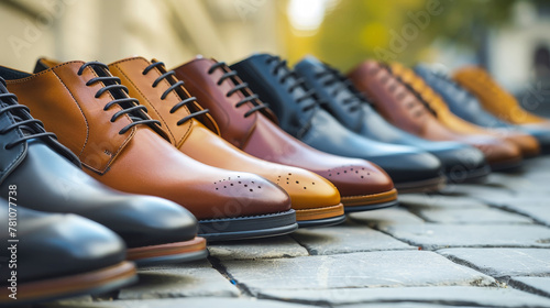 A row of polished mens dress shoes neatly lined up against a rustic wall photo