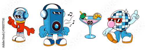 Retro music and disco party cartoon characters set. Vector illustration of cute groovy vintage comic mascot of microphone and loudspeaker, disco ball and cocktail in glass. Funky smile personage.
