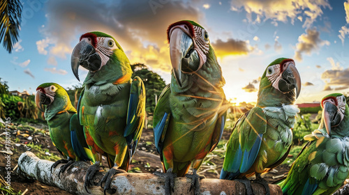 A group of vibrant parrots perched on a dirt field