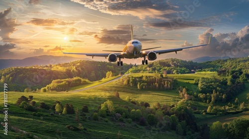 This majestic image portrays a commercial airplane approaching for a landing with a backdrop of serene countryside hills at sunset © Oksana