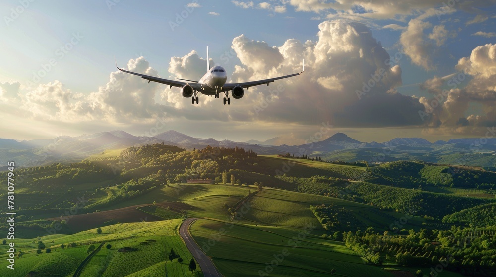 A jet flies low over a rural landscape bathed in the warm light of the setting sun A jet flies low over a rural landscape bathed in the warm light of the setting sun
