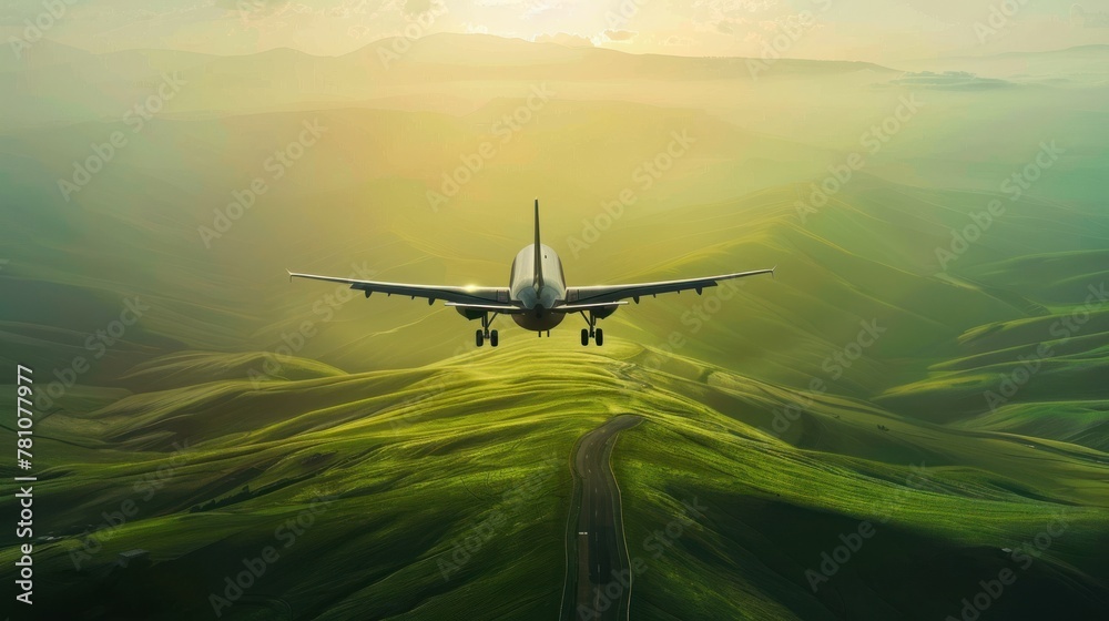 The sun's soft glow perfectly highlights this majestic airliner as it gracefully glides over vibrant green fields and a winding road The sun's soft glow perfectly highlights this majestic airliner as it gracefully glides over vibrant green fields and a winding road