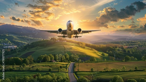 This image captures a jet airplane's descent against a breathtaking sunset over serene pastoral fields