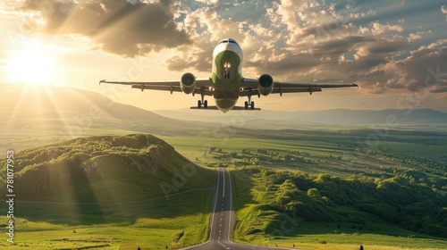 As the sun sets, an airplane descends gracefully over a picturesque landscape of hills and winding roads in the countryside © Oksana