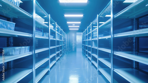 A very long room filled with shelves  stretching into the distance  housing various items and creating a mesmerizing sight