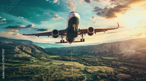 The sun sets casting a warm glow as a commercial jet comes in for landing over a tranquil landscape photo